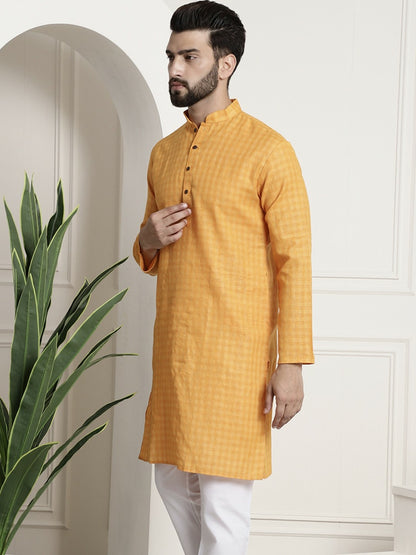 Men's Mustard Yellow Checked Dobby Kurta – Mandarin Collar, Knee-Length, Cotton for Weddings & Festivals | Indiaista