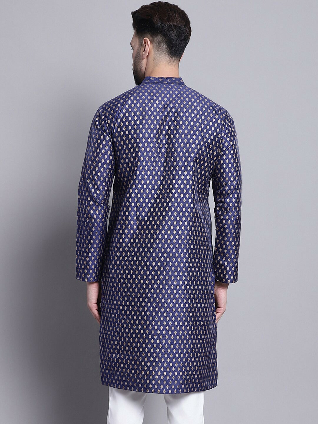 Navy Blue Geometric Printed Kurta for Men – Ethnic Motifs, Mandarin Collar, Silk Fabric | Indiaista