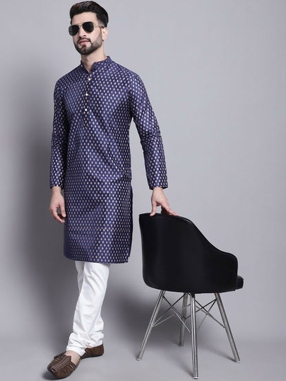 Navy Blue Geometric Printed Kurta for Men – Ethnic Motifs, Mandarin Collar, Silk Fabric | Indiaista