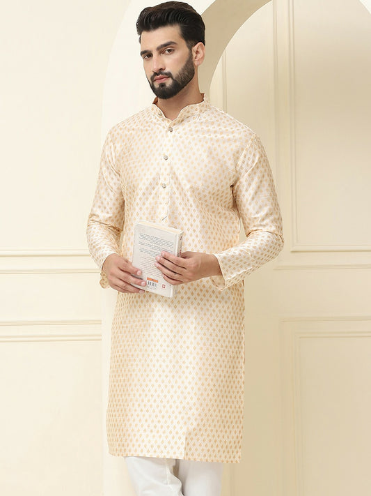 Men's Cream & Gold Geometric Printed Kurta – Ethnic Motifs, Mandarin Collar, Knee Length | Indiaista