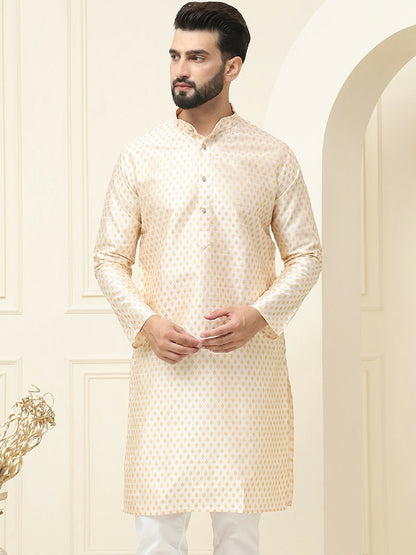 Men's Cream & Gold Geometric Printed Kurta – Ethnic Motifs, Mandarin Collar, Knee Length | Indiaista