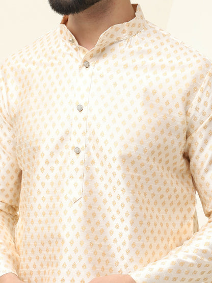 Men's Cream & Gold Geometric Printed Kurta – Ethnic Motifs, Mandarin Collar, Knee Length | Indiaista