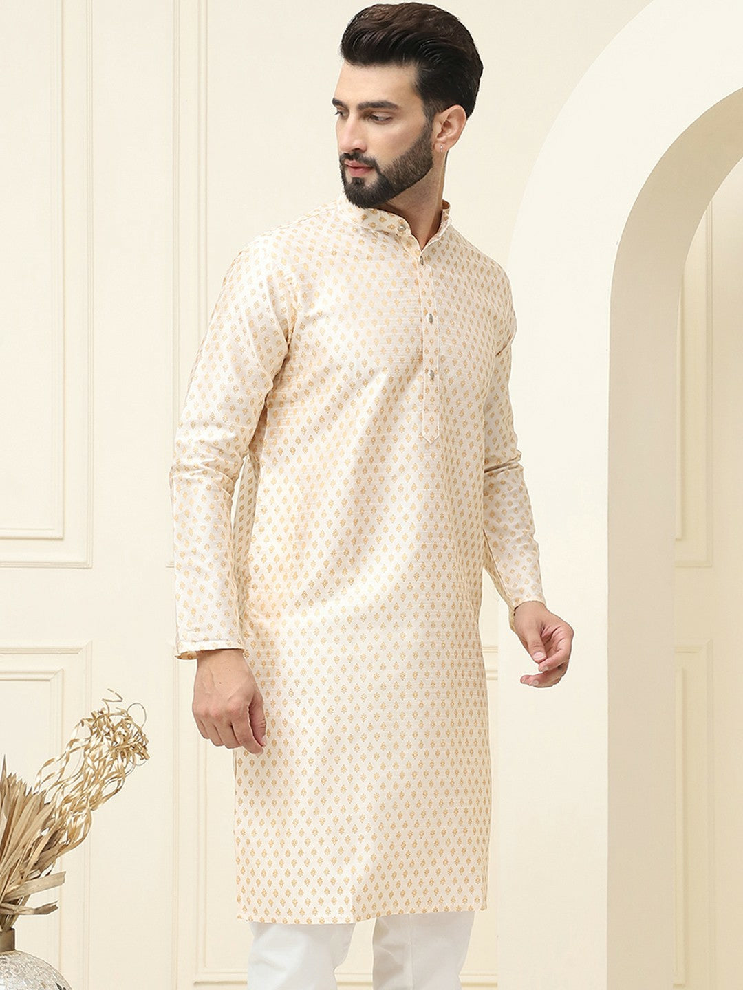 Men's Cream & Gold Geometric Printed Kurta – Ethnic Motifs, Mandarin Collar, Knee Length | Indiaista