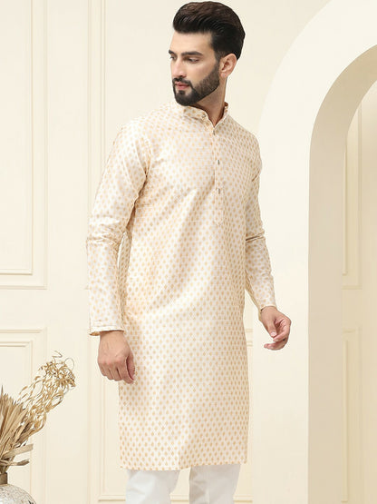 Men's Cream & Gold Geometric Printed Kurta – Ethnic Motifs, Mandarin Collar, Knee Length | Indiaista