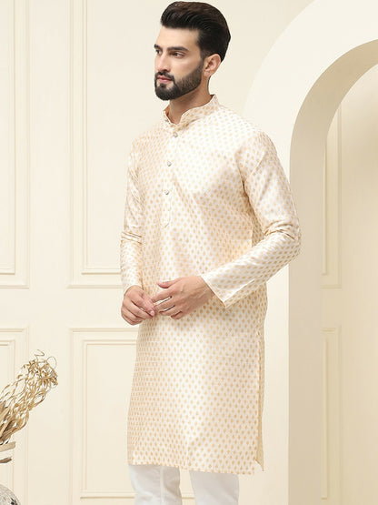 Men's Cream & Gold Geometric Printed Kurta – Ethnic Motifs, Mandarin Collar, Knee Length | Indiaista