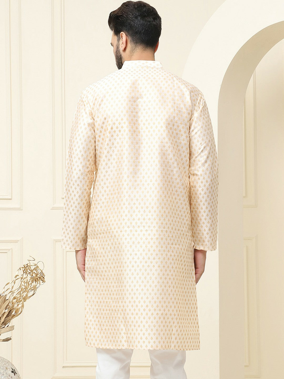 Men's Cream & Gold Geometric Printed Kurta – Ethnic Motifs, Mandarin Collar, Knee Length | Indiaista