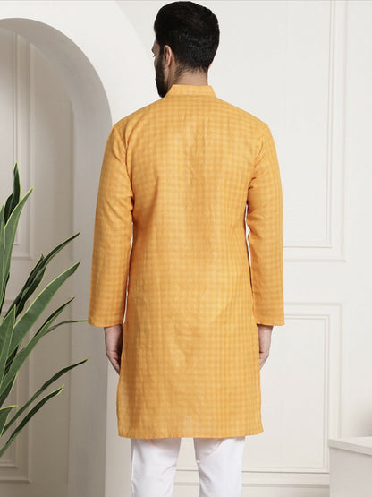 Men's Mustard Yellow Checked Dobby Kurta – Mandarin Collar, Knee-Length, Cotton for Weddings & Festivals | Indiaista