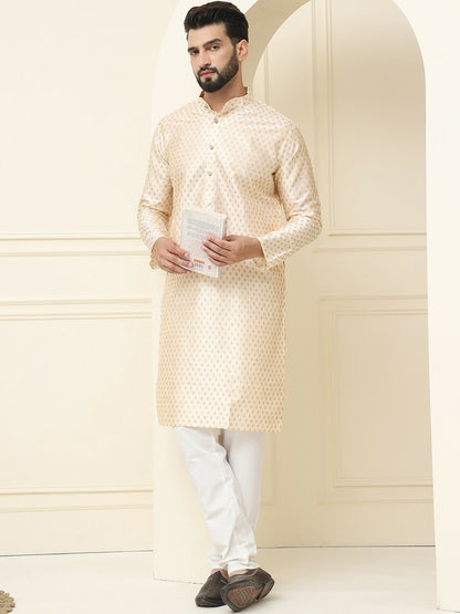 Men's Cream & Gold Geometric Printed Kurta – Ethnic Motifs, Mandarin Collar, Knee Length | Indiaista