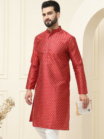 Maroon Geometric Printed Men’s Kurta – Mandarin Collar, Straight Cut, Knee-Length, Silk Fabric | Indiaista