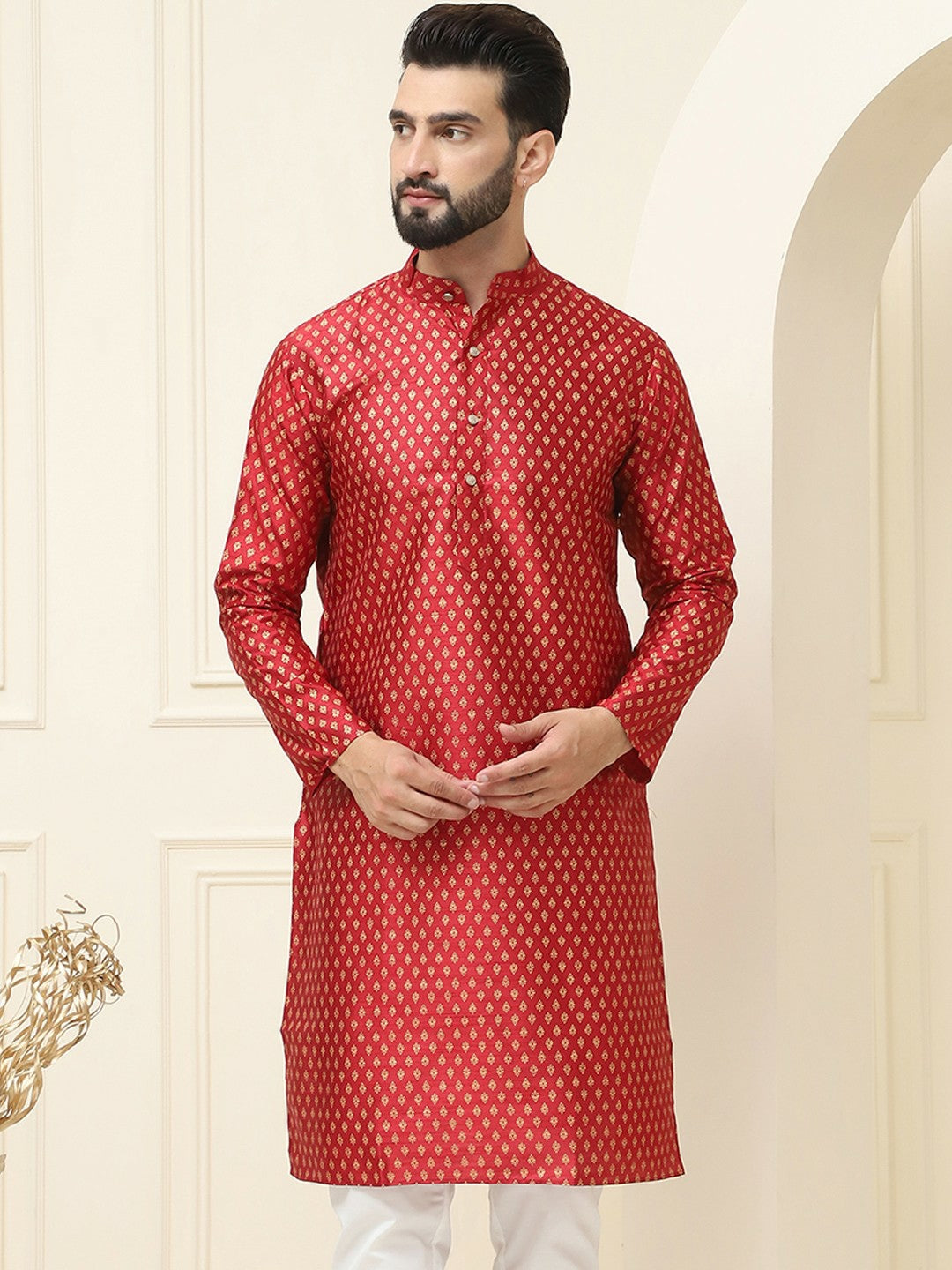 Maroon Geometric Printed Men’s Kurta – Mandarin Collar, Straight Cut, Knee-Length, Silk Fabric | Indiaista