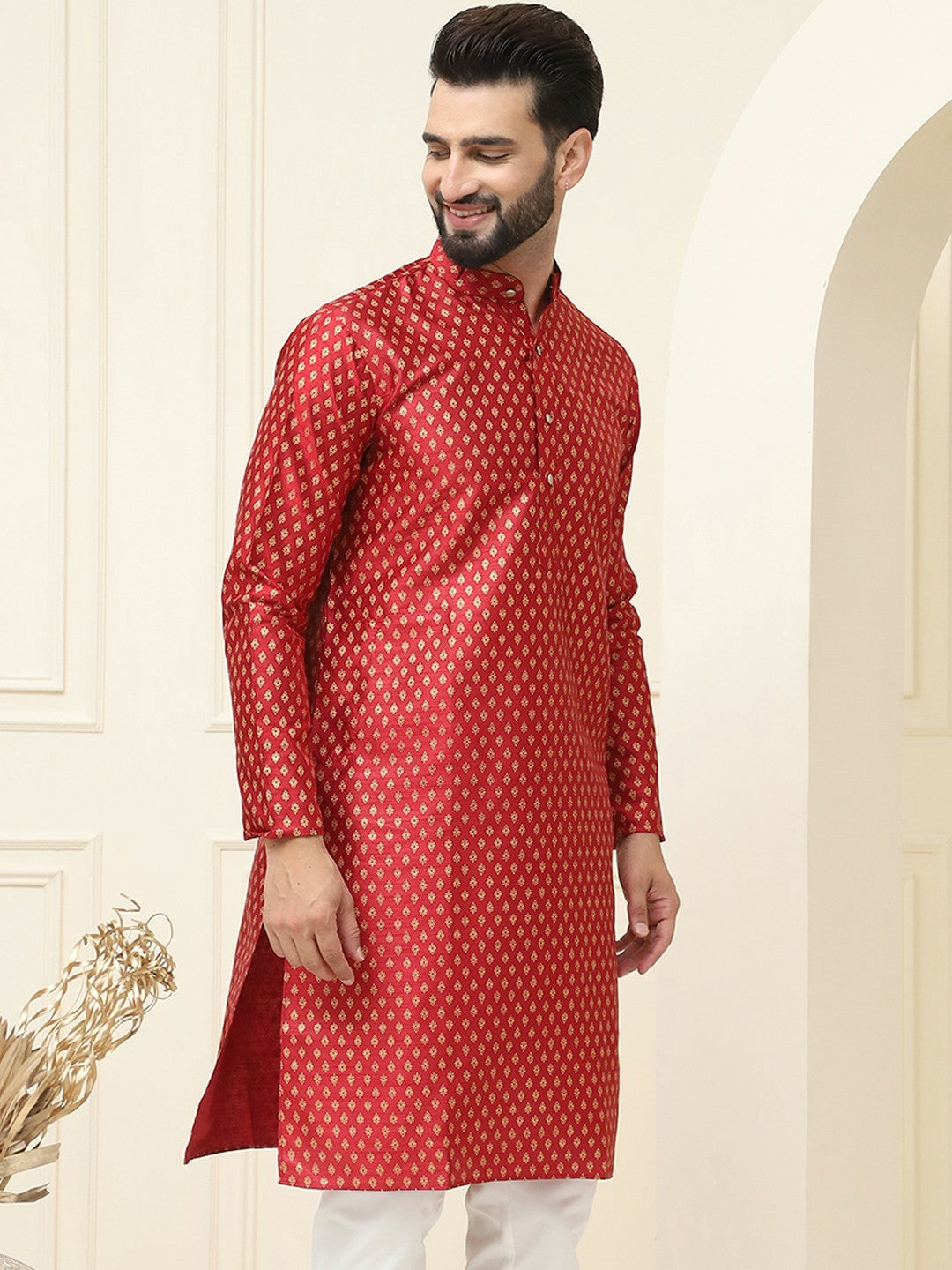 Maroon Geometric Printed Men’s Kurta – Mandarin Collar, Straight Cut, Knee-Length, Silk Fabric | Indiaista