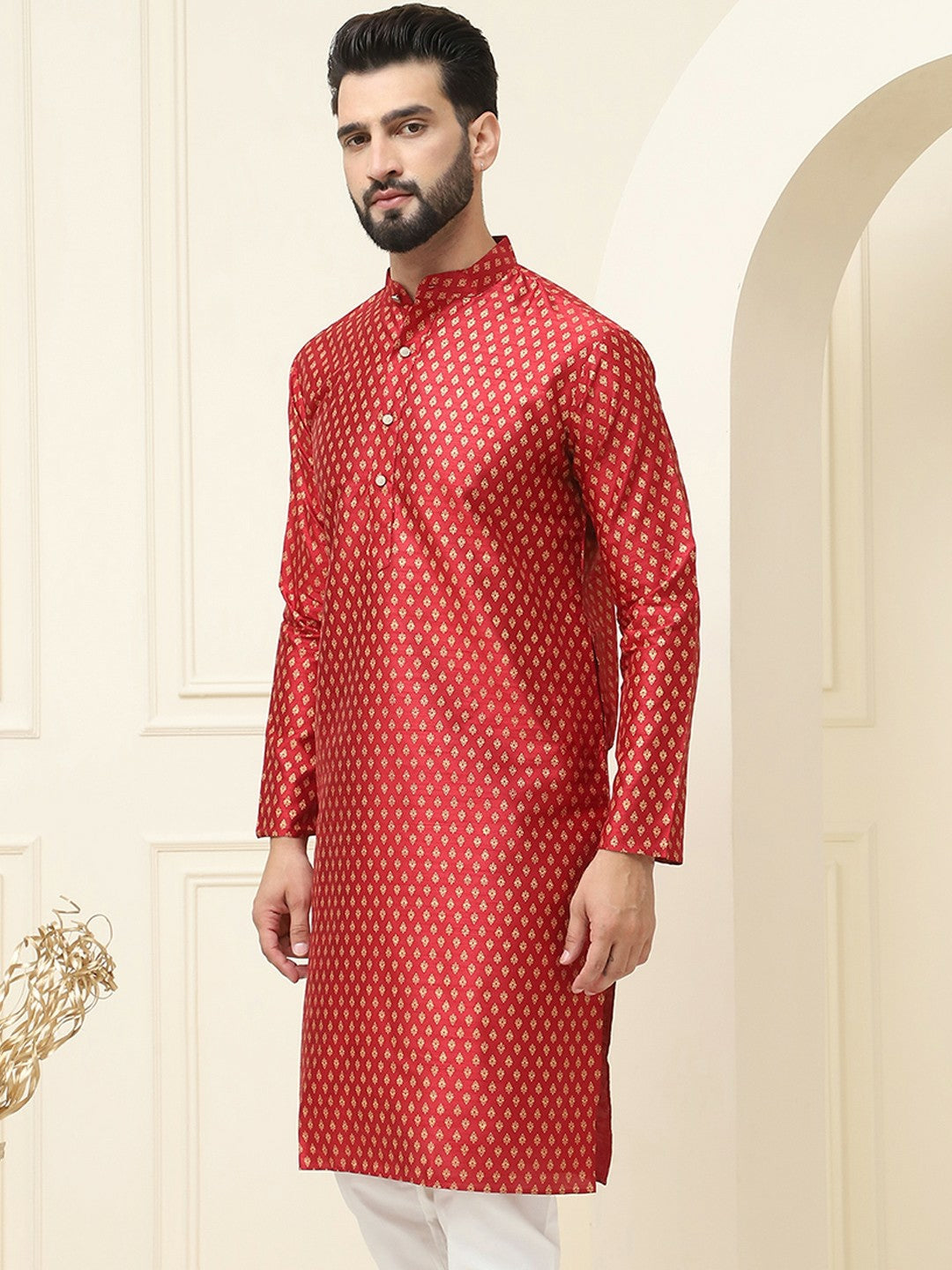 Maroon Geometric Printed Men’s Kurta – Mandarin Collar, Straight Cut, Knee-Length, Silk Fabric | Indiaista