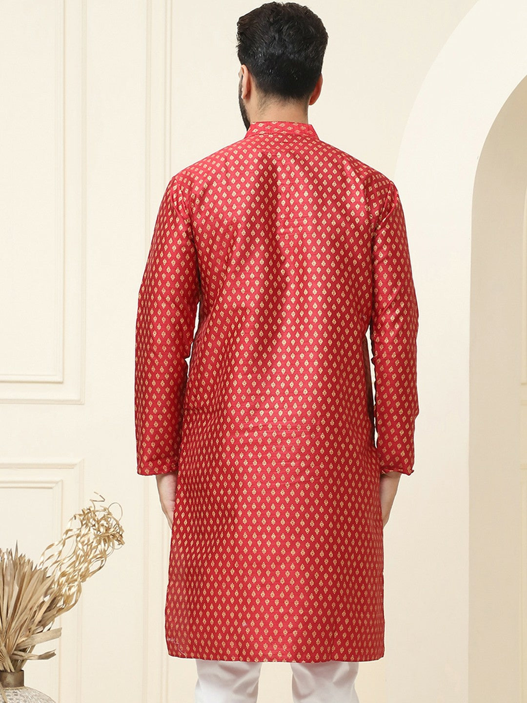 Maroon Geometric Printed Men’s Kurta – Mandarin Collar, Straight Cut, Knee-Length, Silk Fabric | Indiaista