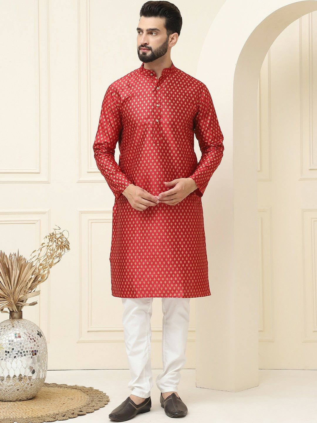 Maroon Geometric Printed Men’s Kurta – Mandarin Collar, Straight Cut, Knee-Length, Silk Fabric | Indiaista