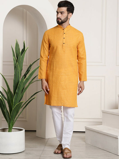 Men's Mustard Yellow Checked Dobby Kurta – Mandarin Collar, Knee-Length, Cotton for Weddings & Festivals | Indiaista