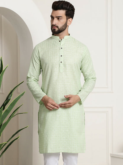 Men’s Green Checked Dobby Cotton Kurta – Mandarin Collar, Knee Length, Straight Fit | Indiaista