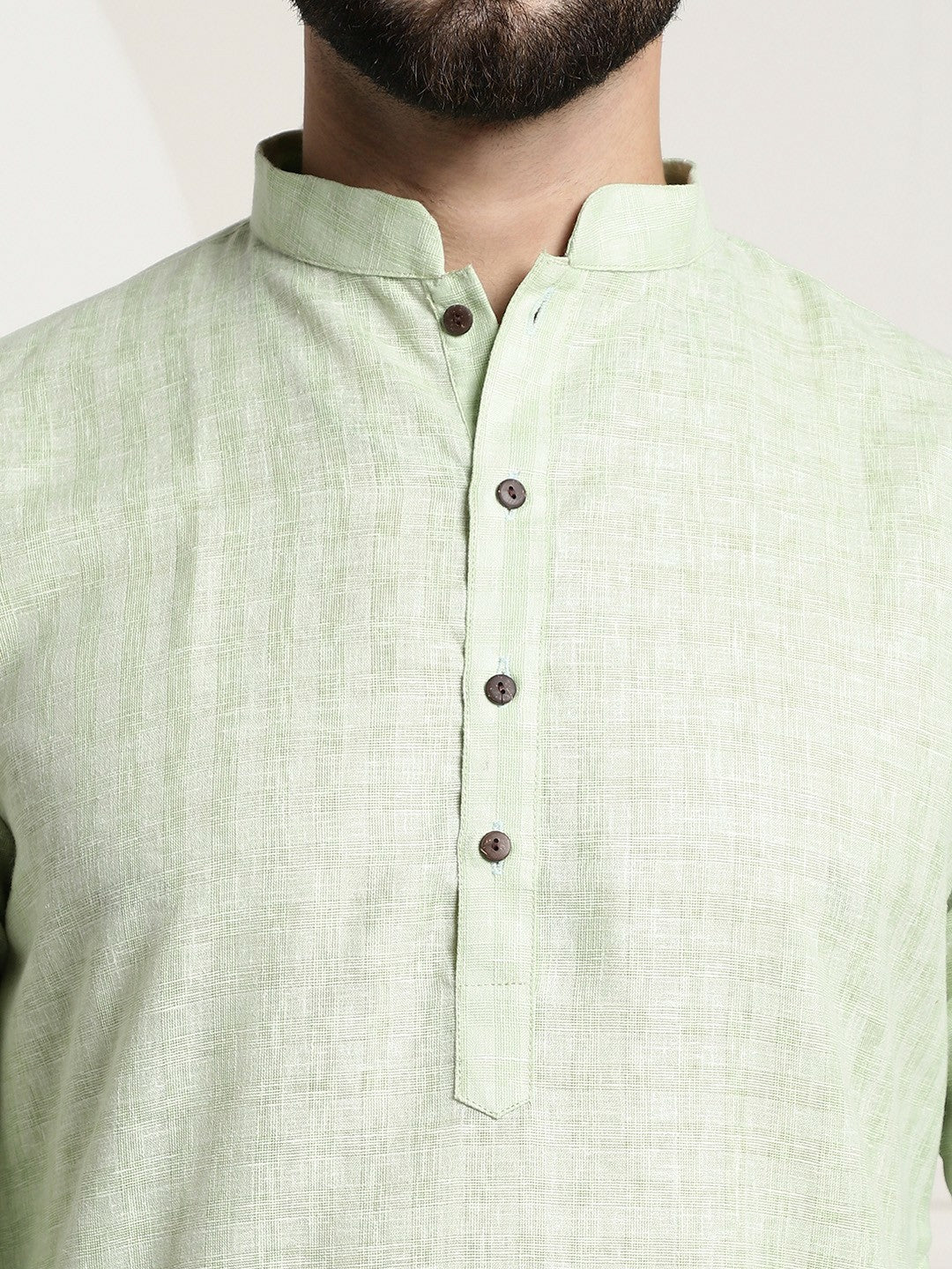 Men’s Green Checked Dobby Cotton Kurta – Mandarin Collar, Knee Length, Straight Fit | Indiaista