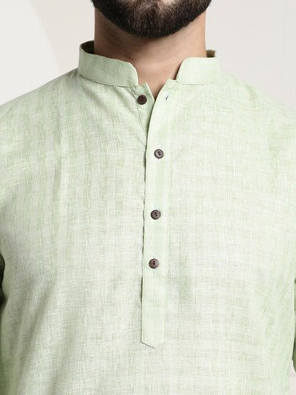 Men’s Green Checked Dobby Cotton Kurta – Mandarin Collar, Knee Length, Straight Fit | Indiaista