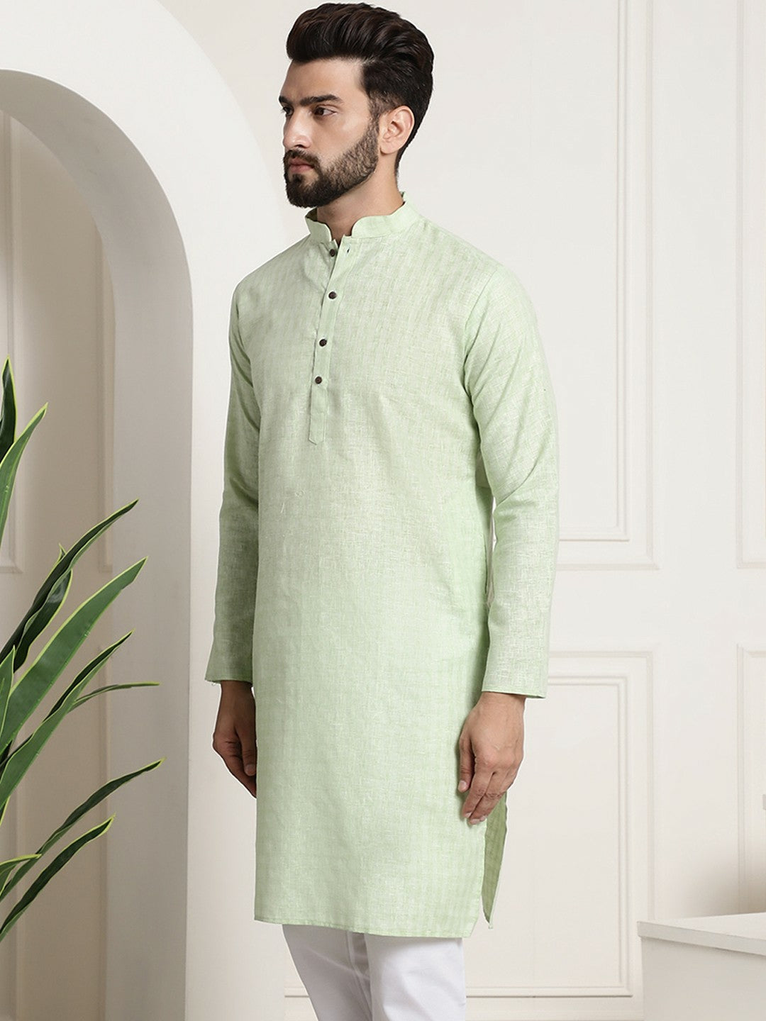 Men’s Green Checked Dobby Cotton Kurta – Mandarin Collar, Knee Length, Straight Fit | Indiaista