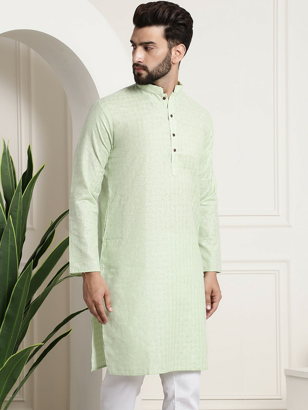 Men’s Green Checked Dobby Cotton Kurta – Mandarin Collar, Knee Length, Straight Fit | Indiaista