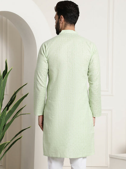 Men’s Green Checked Dobby Cotton Kurta – Mandarin Collar, Knee Length, Straight Fit | Indiaista