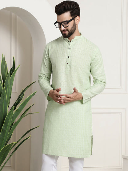 Men’s Green Checked Dobby Cotton Kurta – Mandarin Collar, Knee Length, Straight Fit | Indiaista