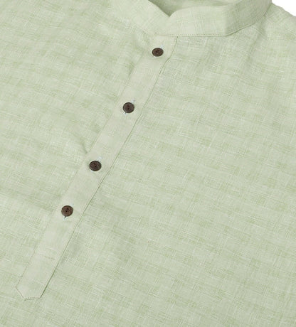 Men’s Green Checked Dobby Cotton Kurta – Mandarin Collar, Knee Length, Straight Fit | Indiaista