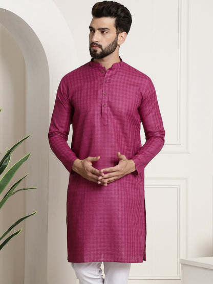 Men’s Magenta Checked Dobby Cotton Kurta – Mandarin Collar, Knee Length | Indiaista