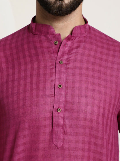 Men’s Magenta Checked Dobby Cotton Kurta – Mandarin Collar, Knee Length | Indiaista