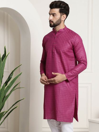 Men’s Magenta Checked Dobby Cotton Kurta – Mandarin Collar, Knee Length | Indiaista