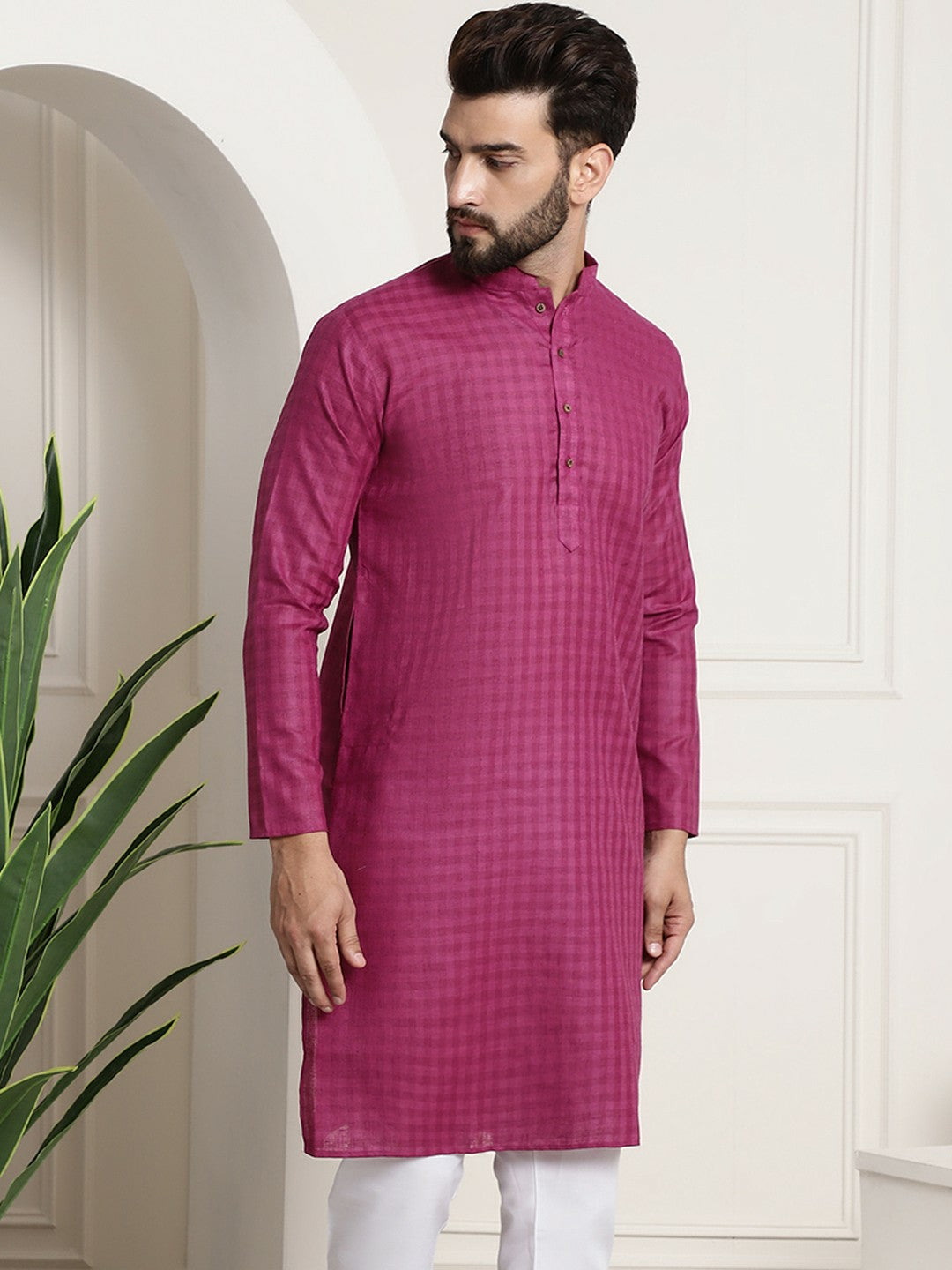 Men’s Magenta Checked Dobby Cotton Kurta – Mandarin Collar, Knee Length | Indiaista