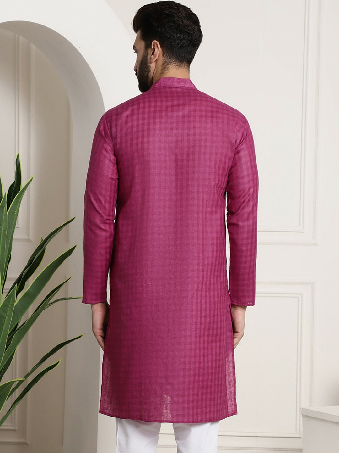 Men’s Magenta Checked Dobby Cotton Kurta – Mandarin Collar, Knee Length | Indiaista