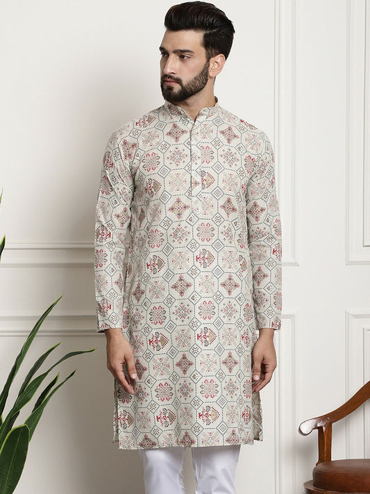 Men’s Cream-Coloured Geometric Printed Kurta – Mandarin Collar, Knee-Length, Regular Cotton | Indiaista