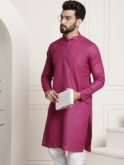 Men’s Magenta Checked Dobby Cotton Kurta – Mandarin Collar, Knee Length | Indiaista