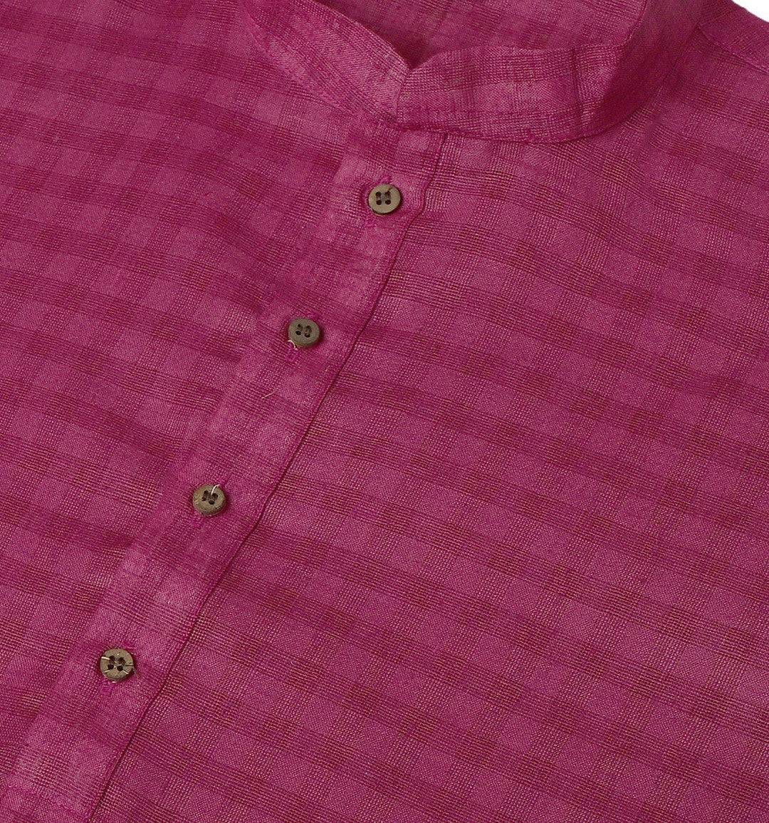 Men’s Magenta Checked Dobby Cotton Kurta – Mandarin Collar, Knee Length | Indiaista