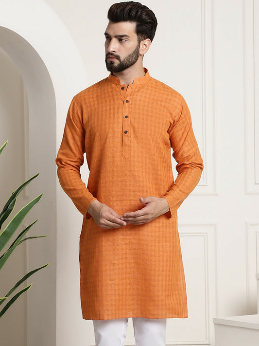 Men’s Orange Checked Dobby Kurta – Mandarin Collar, Knee-Length Cotton Kurta for Festivals | Indiaista