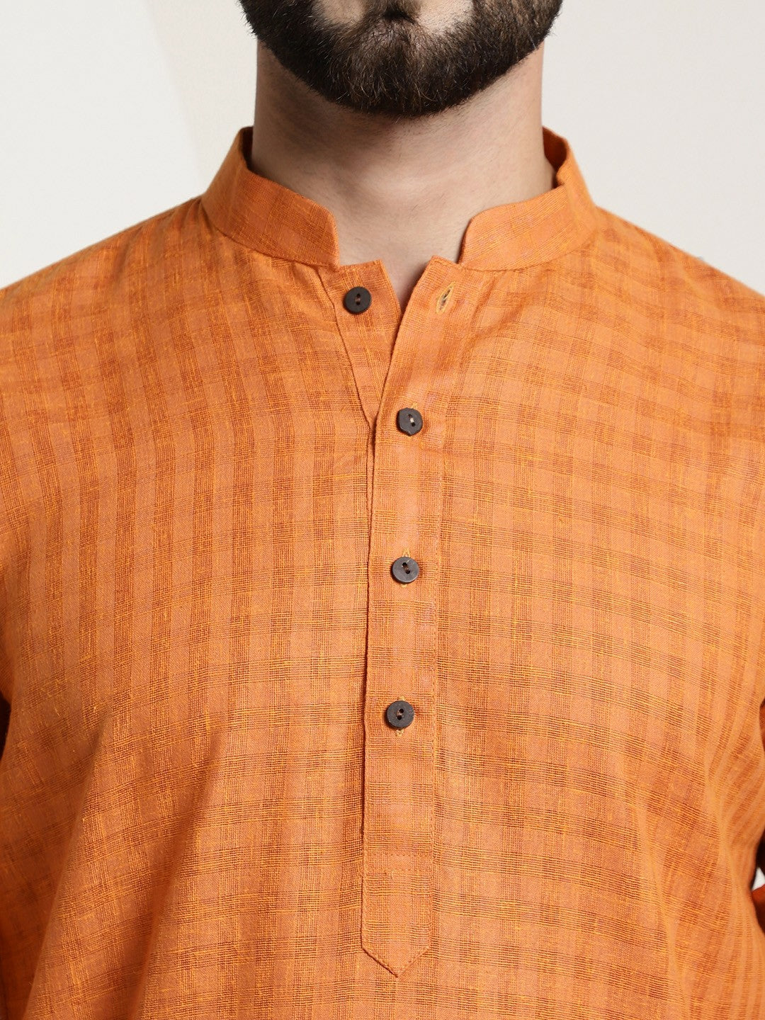 Men’s Orange Checked Dobby Kurta – Mandarin Collar, Knee-Length Cotton Kurta for Festivals | Indiaista