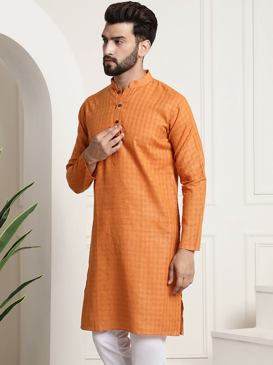 Men’s Orange Checked Dobby Kurta – Mandarin Collar, Knee-Length Cotton Kurta for Festivals | Indiaista