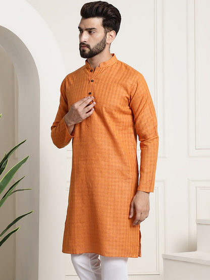 Men’s Orange Checked Dobby Kurta – Mandarin Collar, Knee-Length Cotton Kurta for Festivals | Indiaista