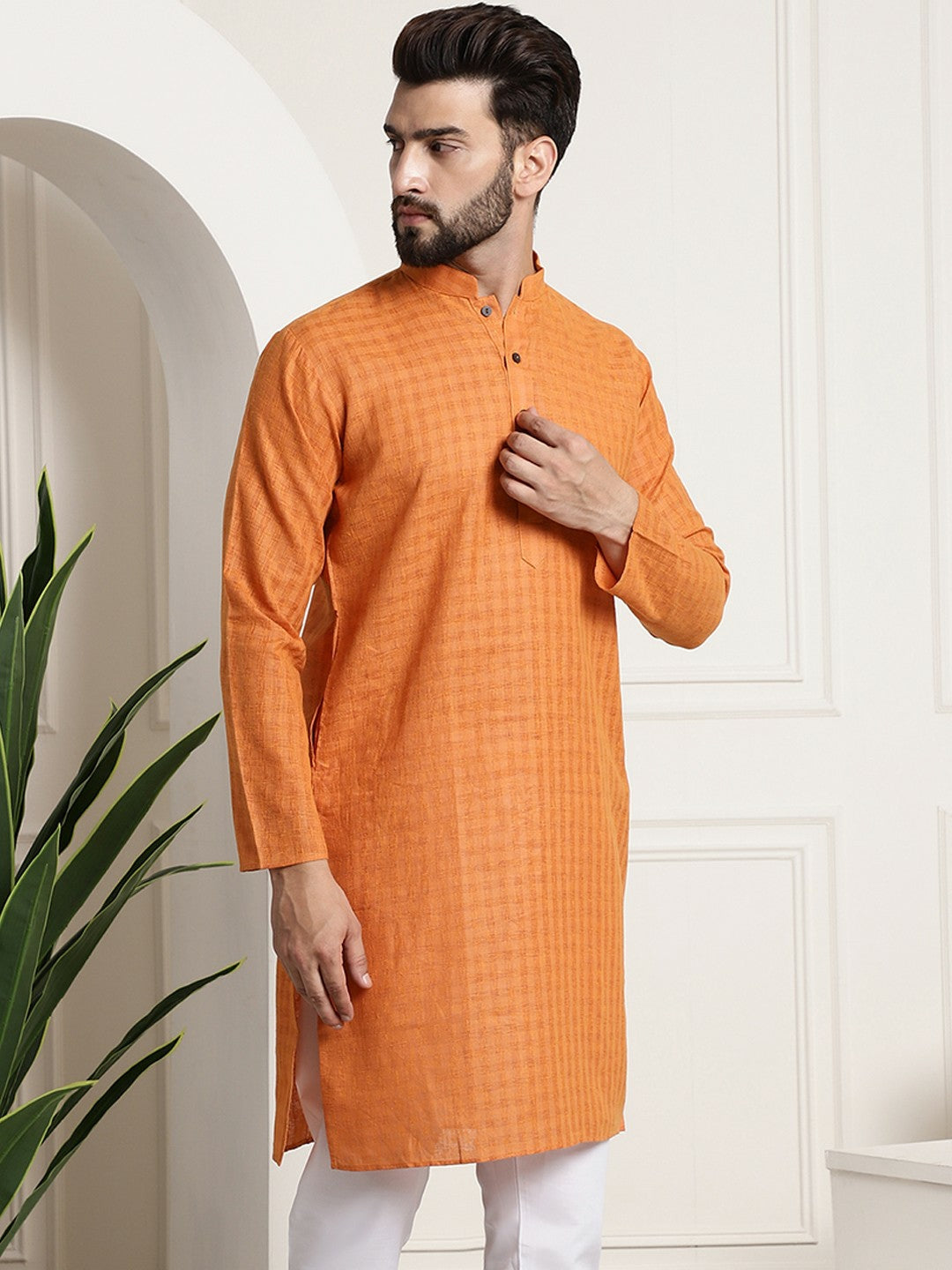 Men’s Orange Checked Dobby Kurta – Mandarin Collar, Knee-Length Cotton Kurta for Festivals | Indiaista