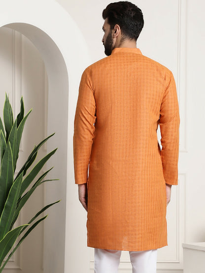 Men’s Orange Checked Dobby Kurta – Mandarin Collar, Knee-Length Cotton Kurta for Festivals | Indiaista