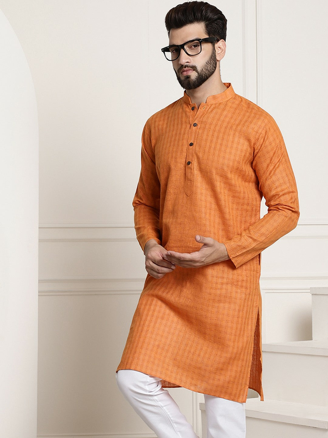 Men’s Orange Checked Dobby Kurta – Mandarin Collar, Knee-Length Cotton Kurta for Festivals | Indiaista