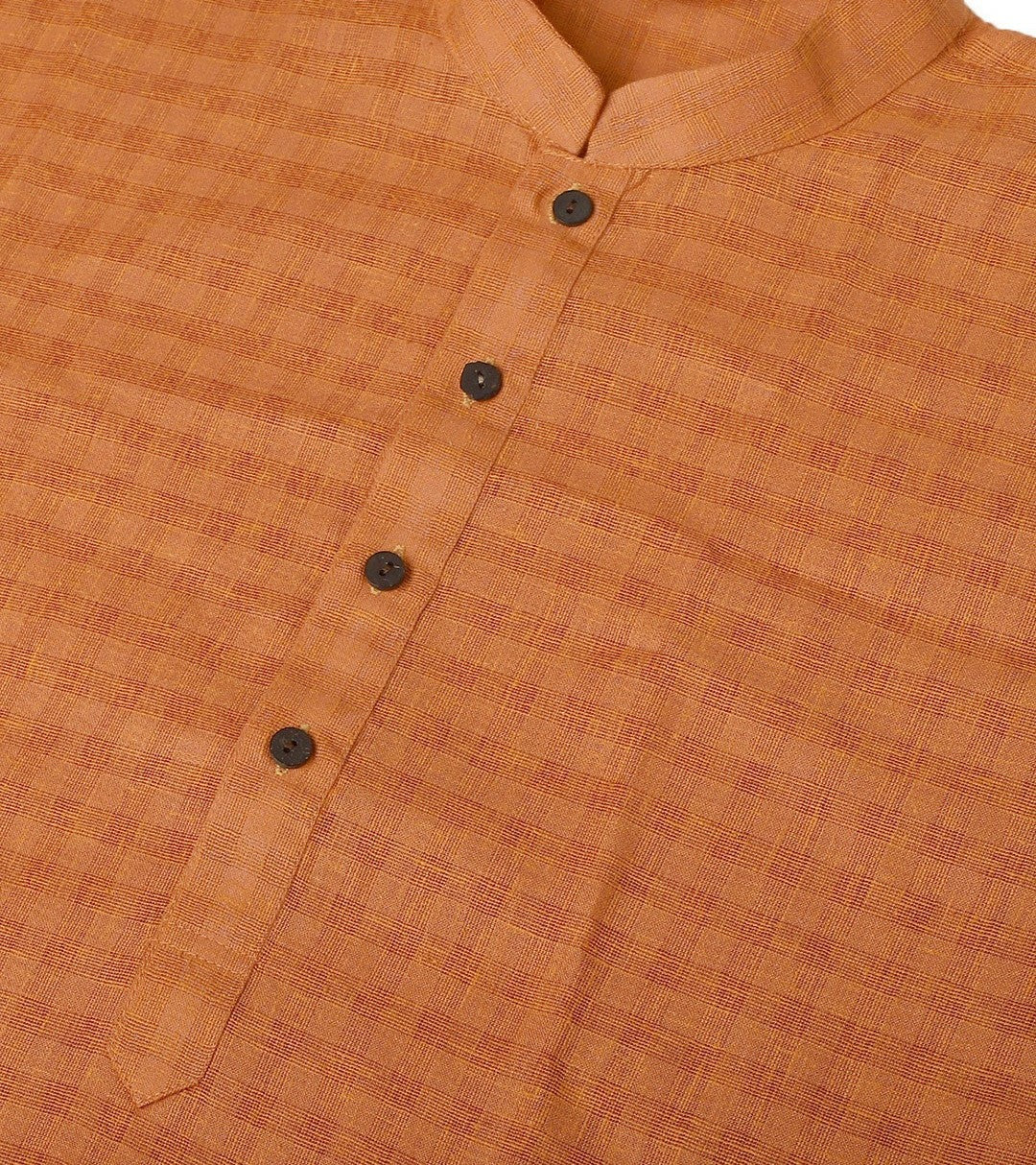 Men’s Orange Checked Dobby Kurta – Mandarin Collar, Knee-Length Cotton Kurta for Festivals | Indiaista