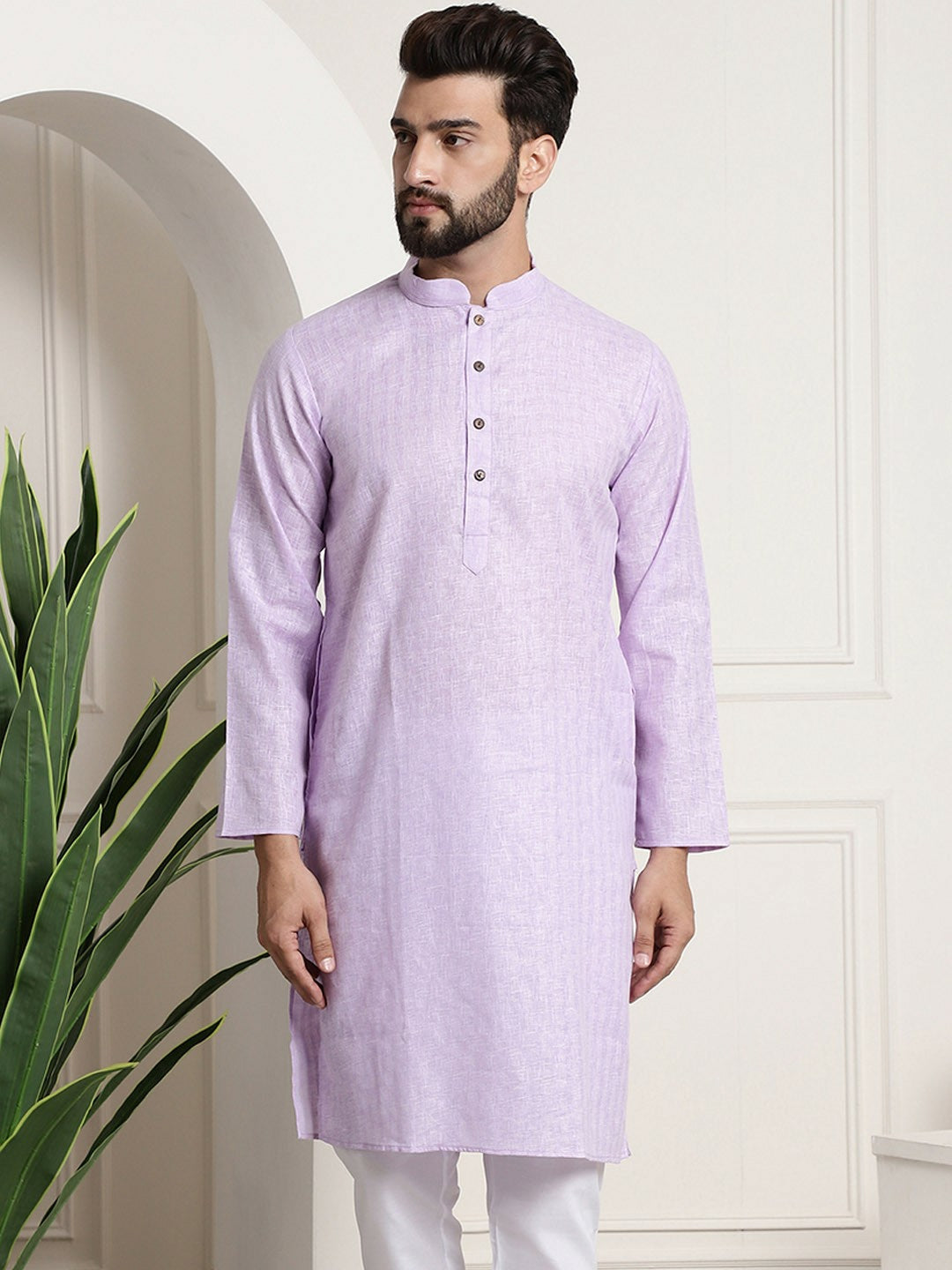 Men’s Lavender Checked Dobby Kurta – Mandarin Collar, Knee Length, Regular Fit | Indiaista