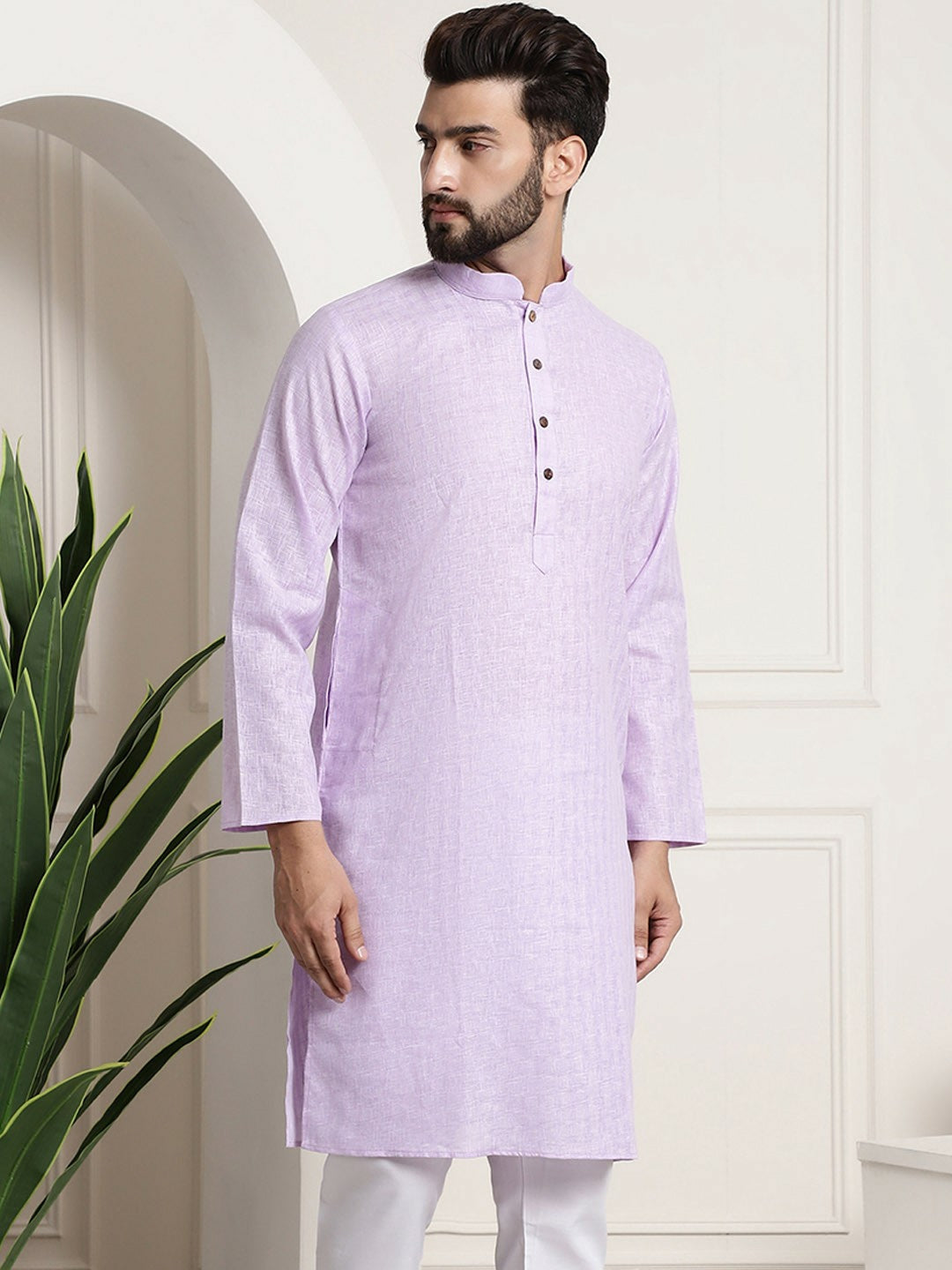 Men’s Lavender Checked Dobby Kurta – Mandarin Collar, Knee Length, Regular Fit | Indiaista