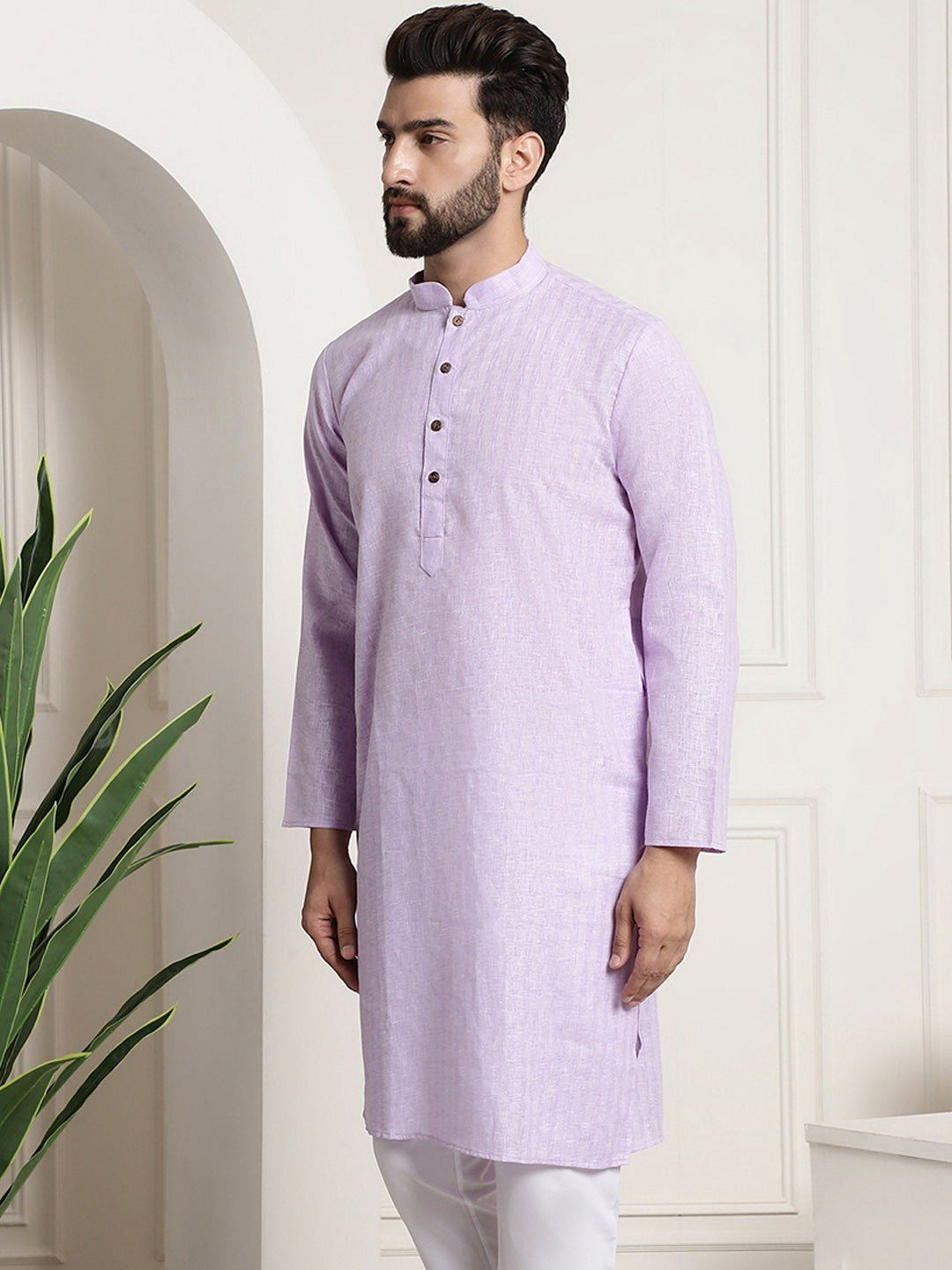 Men’s Lavender Checked Dobby Kurta – Mandarin Collar, Knee Length, Regular Fit | Indiaista