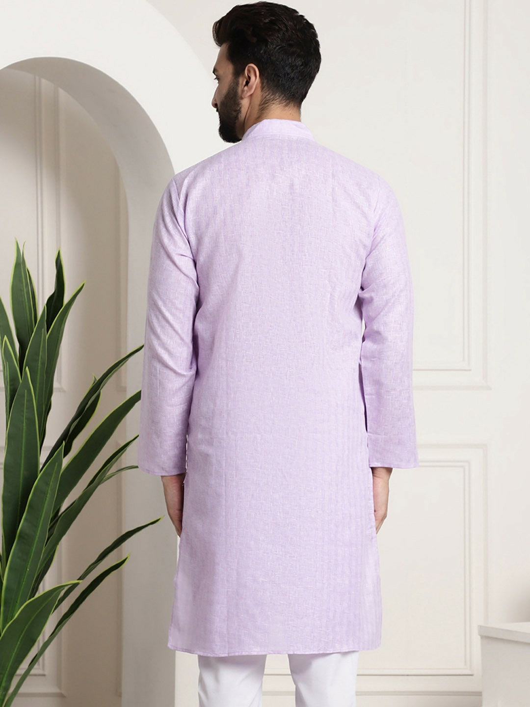 Men’s Lavender Checked Dobby Kurta – Mandarin Collar, Knee Length, Regular Fit | Indiaista