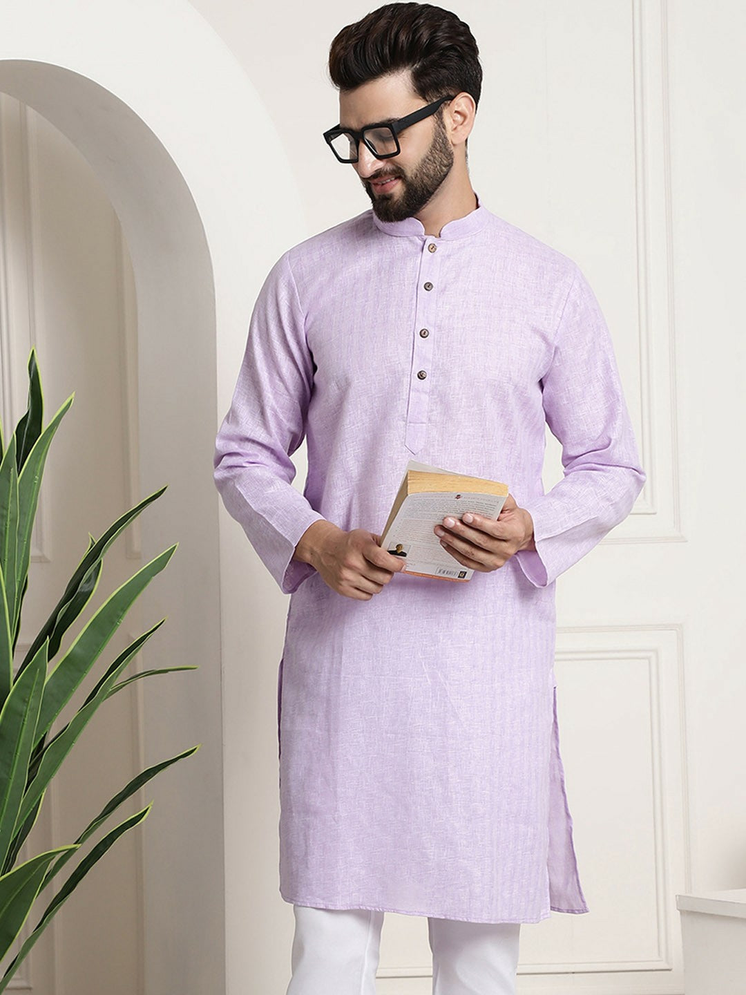 Men’s Lavender Checked Dobby Kurta – Mandarin Collar, Knee Length, Regular Fit | Indiaista