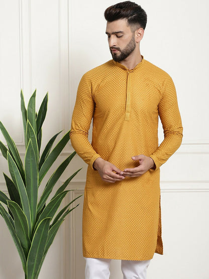 Mustard Yellow Geometric Embroidered Men's Kurta – Mandarin Collar, Pure Cotton, Thread Work Detail | Indiaista