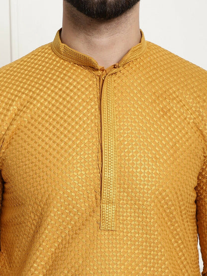 Mustard Yellow Geometric Embroidered Men's Kurta – Mandarin Collar, Pure Cotton, Thread Work Detail | Indiaista